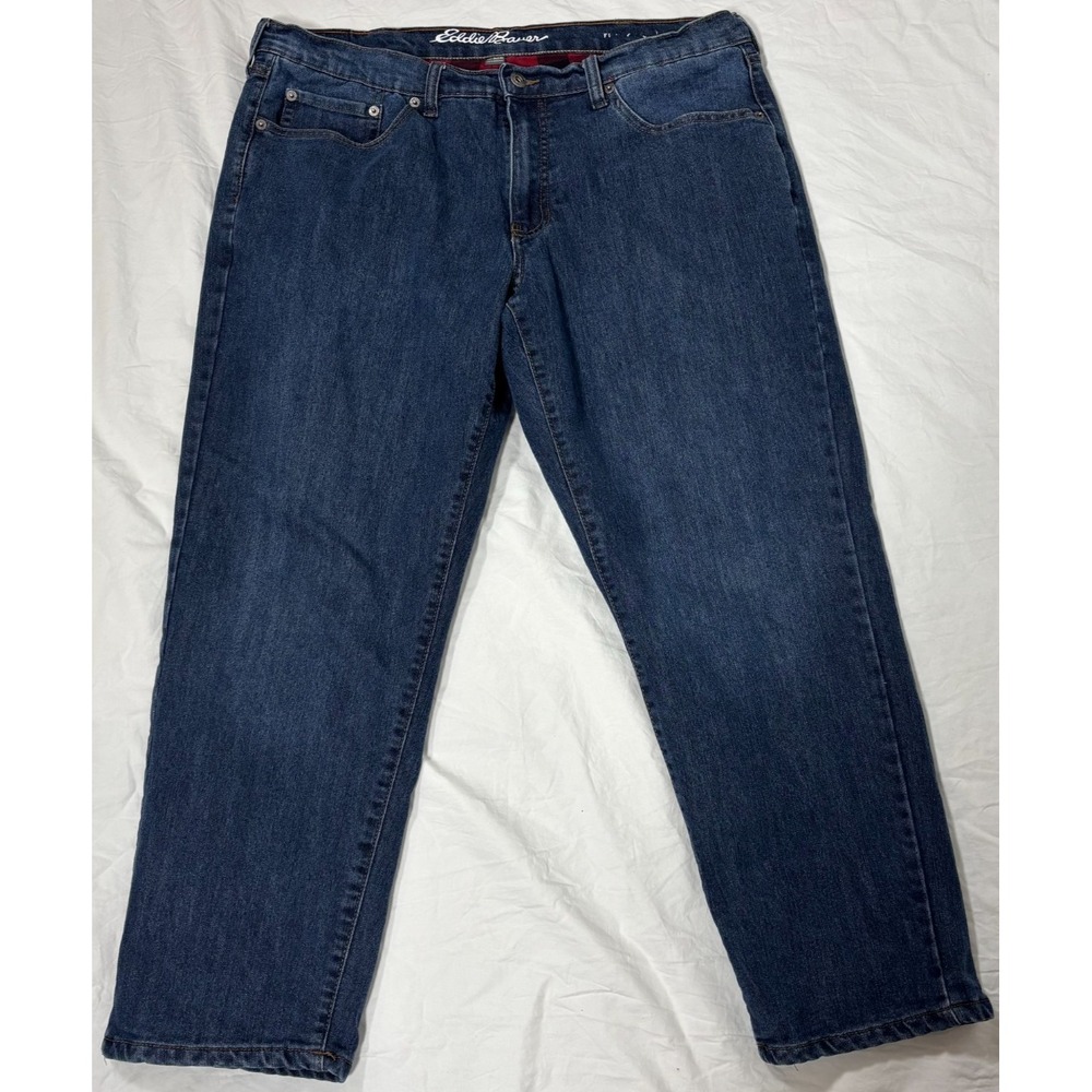 Eddie Bauer Mens Straight Jeans Blue Denim Flannel Lined Stretch 5-Pocket 36x30